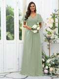 A-Line/Princess Chiffon Ruffles V-neck Short Sleeves Floor-Length Bridesmaid Dresses Evening Dress