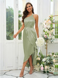 A-Line/Princess Silk like Satin Ruched One-Shoulder Sleeveless Tea-Length Bridesmaid Dresses Evening Prom Dress
