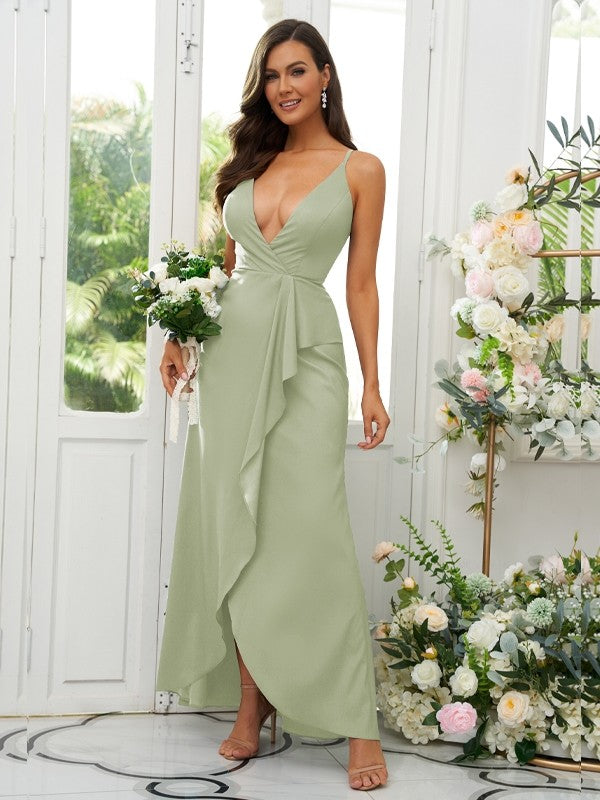A-Line/Princess Silk like Satin Ruffles V-neck Sleeveless Floor-Length Bridesmaid Dresses Prom Dress