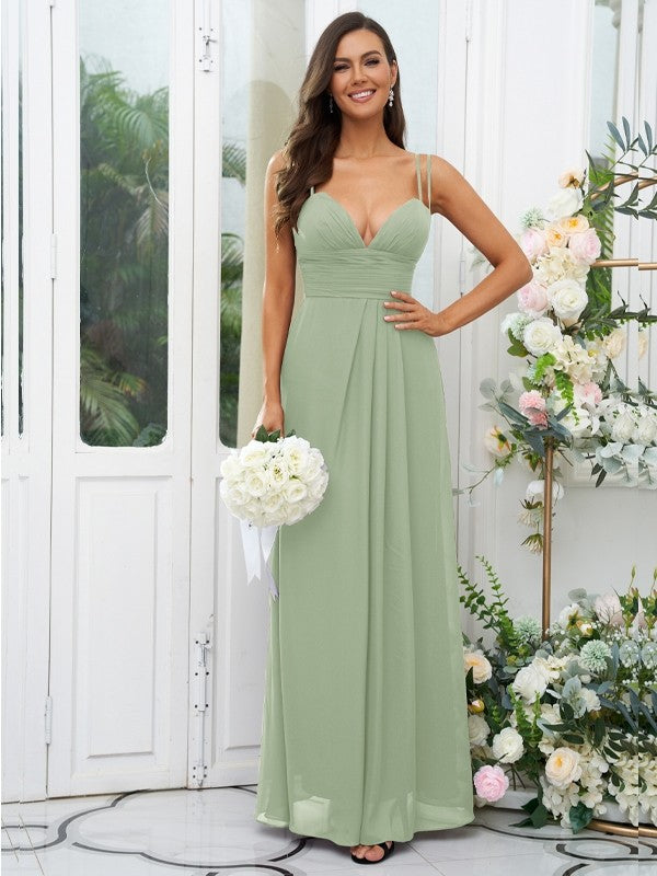 A-Line/Princess Chiffon Ruched V-neck Sleeveless Floor-Length Bridesmaid Dresses Evening Prom Dress