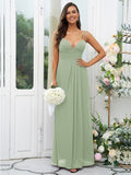A-Line/Princess Chiffon Ruched V-neck Sleeveless Floor-Length Bridesmaid Dresses Evening Prom Dress