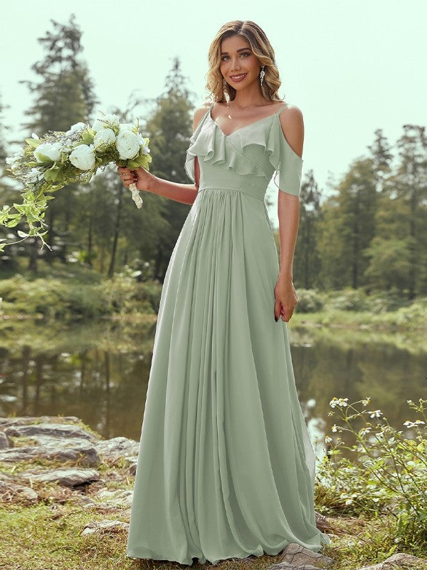 A-Line/Princess Chiffon Ruffles V-neck Sleeveless Floor-Length Bridesmaid Dresses Evening Prom Dress