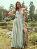 A-Line/Princess Chiffon Ruffles V-neck Sleeveless Floor-Length Bridesmaid Dresses Evening Prom Dress