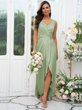 A-Line/Princess Charmeuse Ruched V-neck Sleeveless Sweep/Brush Train Bridesmaid Dresses Evening Dress