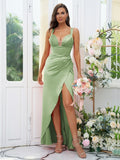 Sheath/Column Charmeuse Ruched V-neck Sleeveless Floor-Length Bridesmaid Dresses Evening Dress