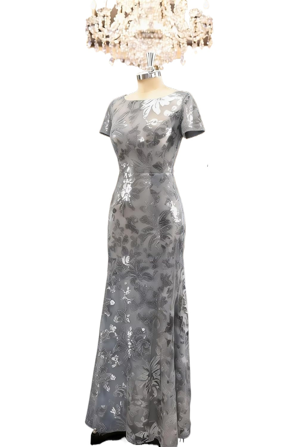 Lace Appliques Scoop Neck Sequin Mother of the Bride Dresses Mermaid Short Sleeve Formal Evening Gowns
