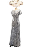 Lace Appliques Scoop Neck Sequin Mother of the Bride Dresses Mermaid Short Sleeve Formal Evening Gowns