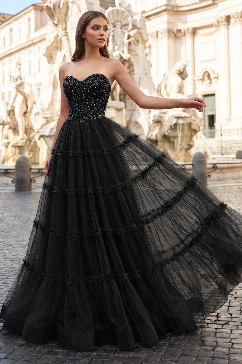 Sweetheart Fuchsia Beaded Ruffles Tulle Prom Dress