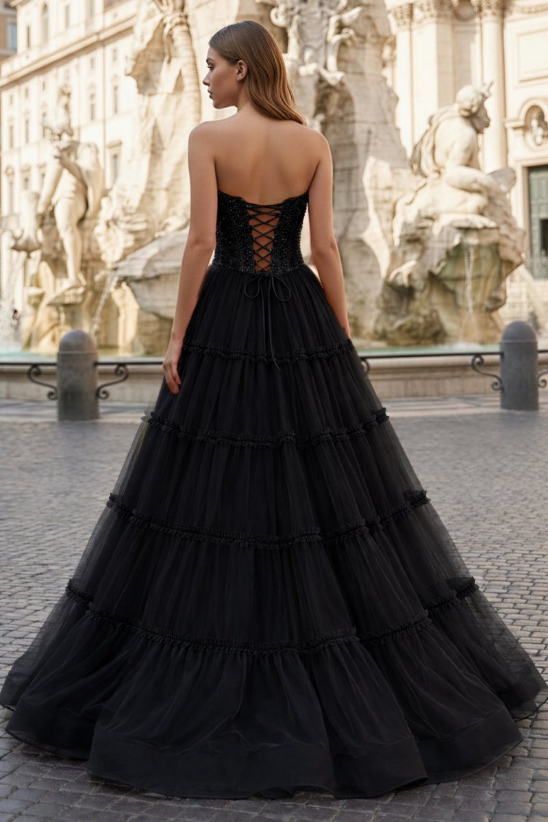 Sweetheart Fuchsia Beaded Ruffles Tulle Prom Dress