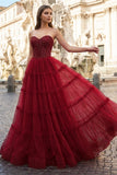 Sweetheart Fuchsia Beaded Ruffles Tulle Prom Dress