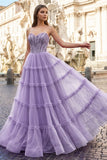 Sweetheart Fuchsia Beaded Ruffles Tulle Prom Dress