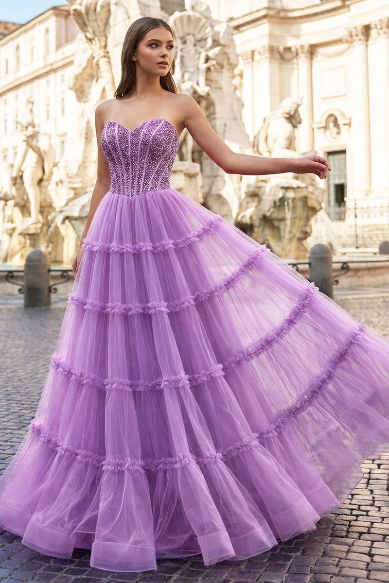 Sweetheart Fuchsia Beaded Ruffles Tulle Prom Dress