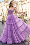Sweetheart Fuchsia Beaded Ruffles Tulle Prom Dress