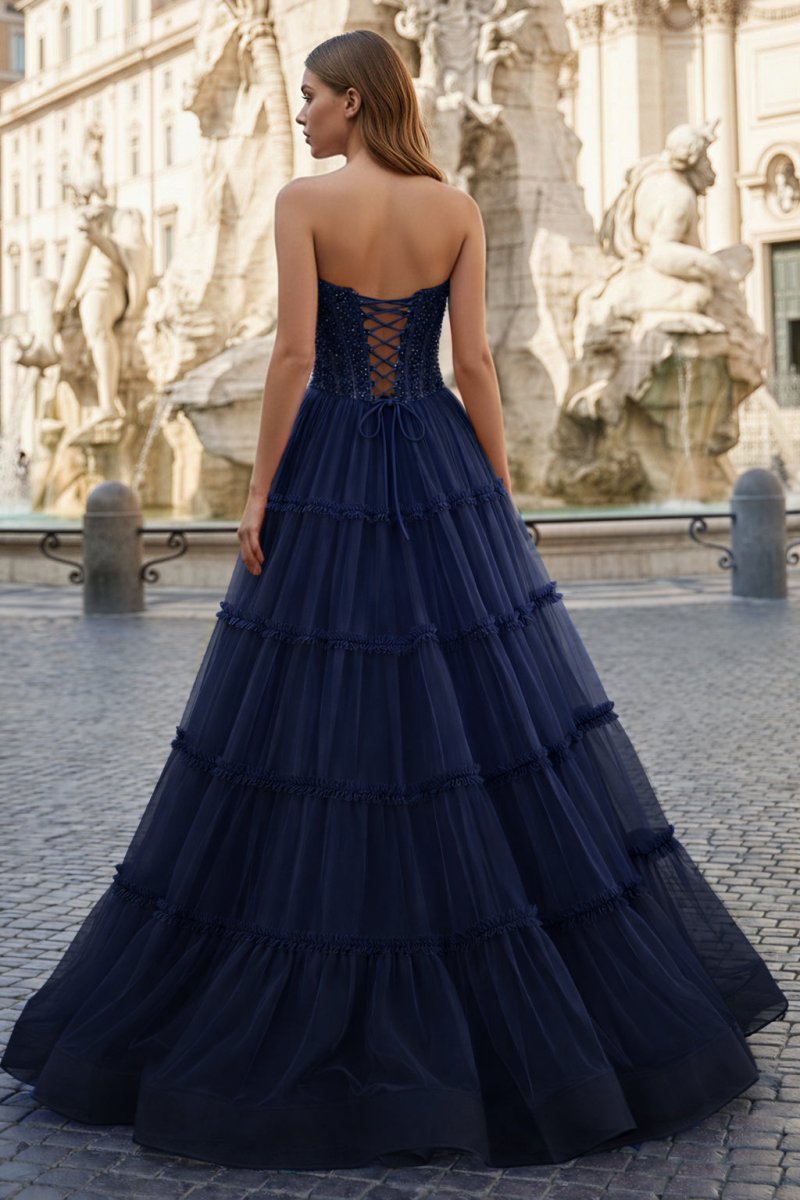 Sweetheart Fuchsia Beaded Ruffles Tulle Prom Dress
