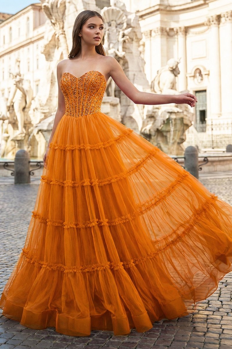 Sweetheart Fuchsia Beaded Ruffles Tulle Prom Dress
