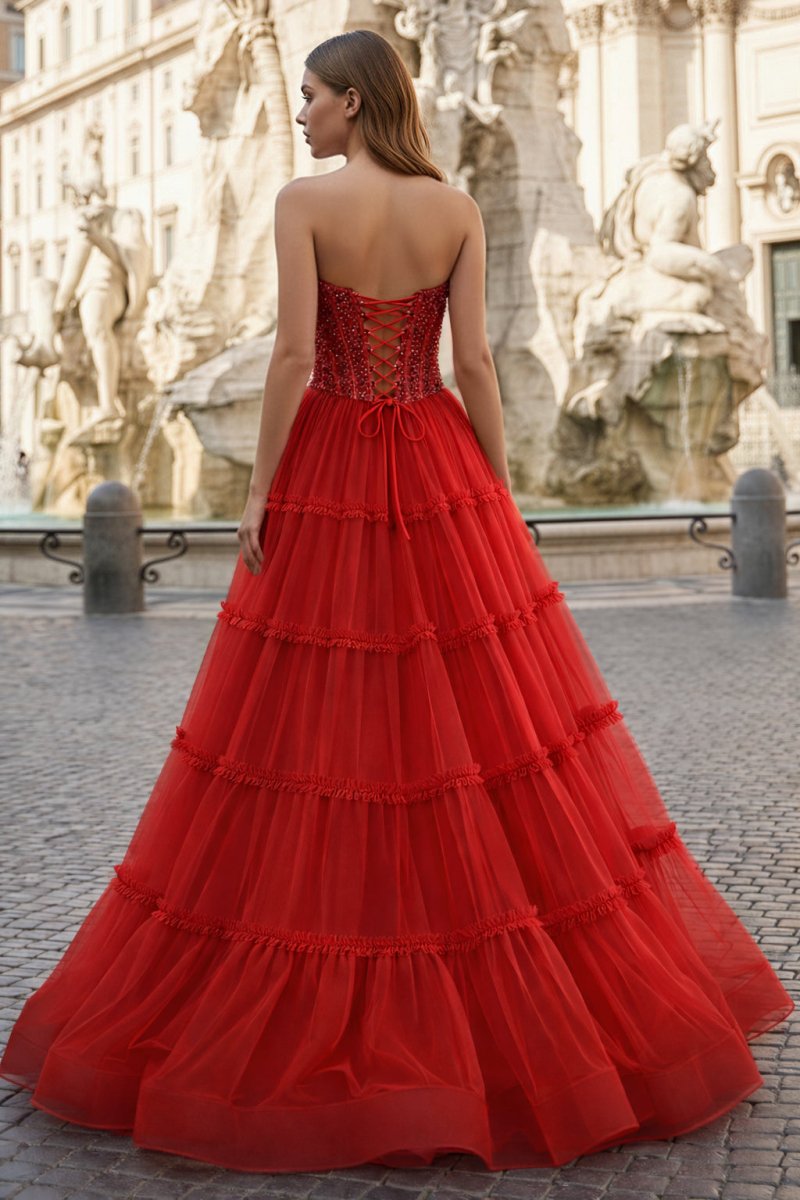 Sweetheart Fuchsia Beaded Ruffles Tulle Prom Dress