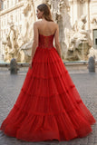 Sweetheart Fuchsia Beaded Ruffles Tulle Prom Dress