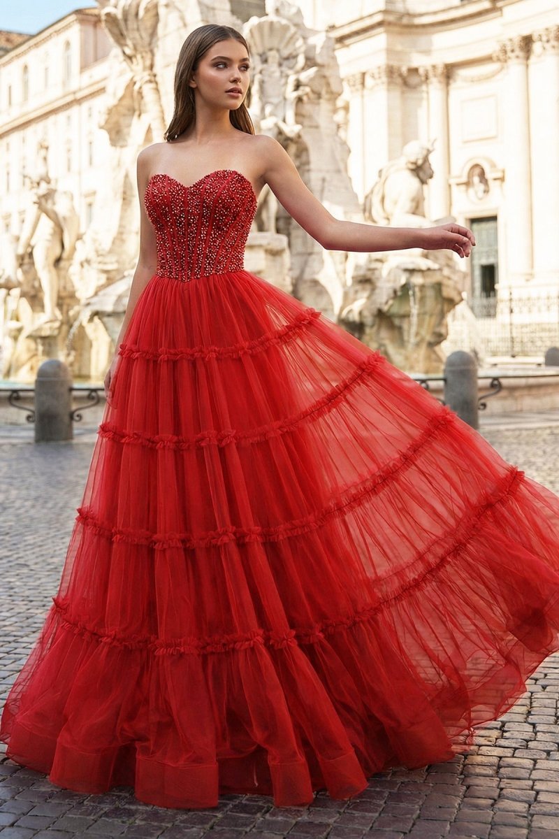 Sweetheart Fuchsia Beaded Ruffles Tulle Prom Dress
