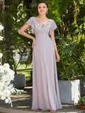 Custom Size Short Ruffle Sleeve Pleated Chiffon A-Line Evening Mother of the Bride Dress Prom Party Gowns