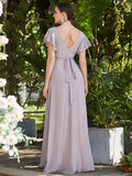 Custom Size Short Ruffle Sleeve Pleated Chiffon A-Line Evening Mother of the Bride Dress Prom Party Gowns