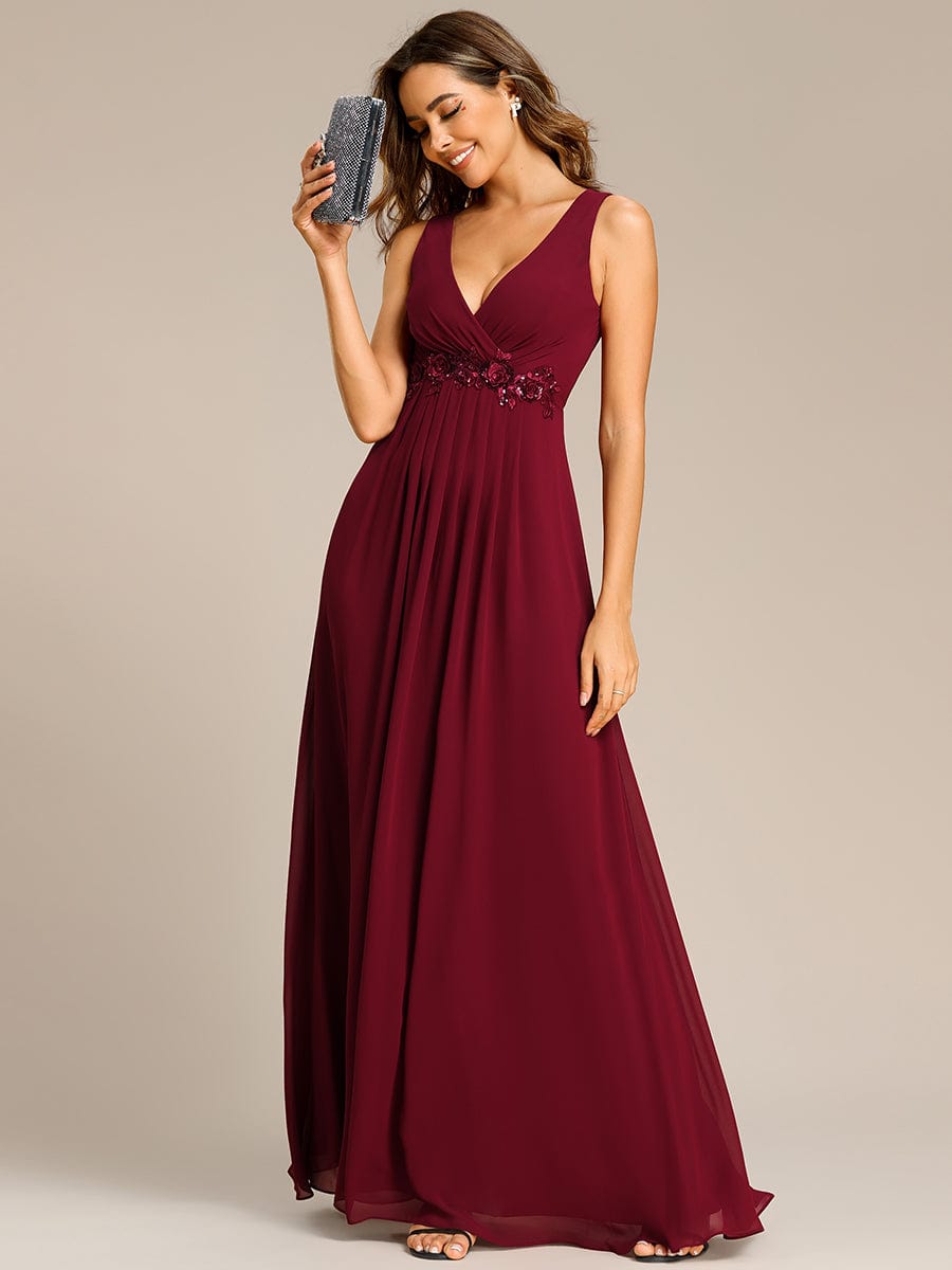 Blumenapplikationen Ärmelloses Chiffon Langes formelles Abendkleid Damen Hochzeitspartykleider