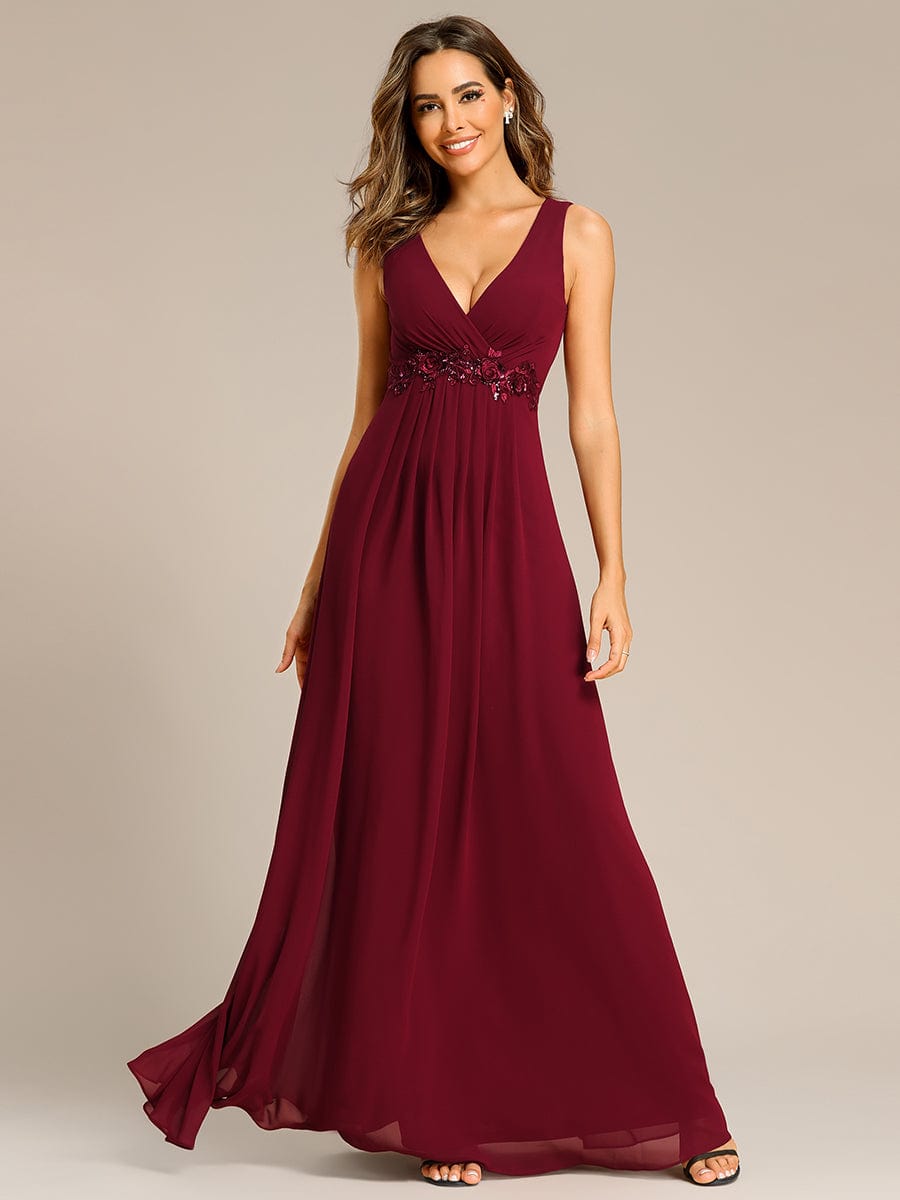Blumenapplikationen Ärmelloses Chiffon Langes formelles Abendkleid Damen Hochzeitspartykleider