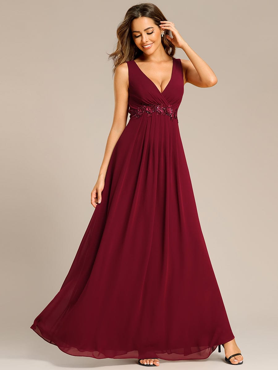 Blumenapplikationen Ärmelloses Chiffon Langes formelles Abendkleid Damen Hochzeitspartykleider