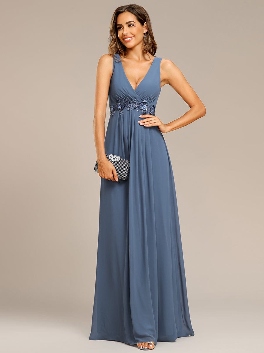 Blumenapplikationen Ärmelloses Chiffon Langes formelles Abendkleid Damen Hochzeitspartykleider