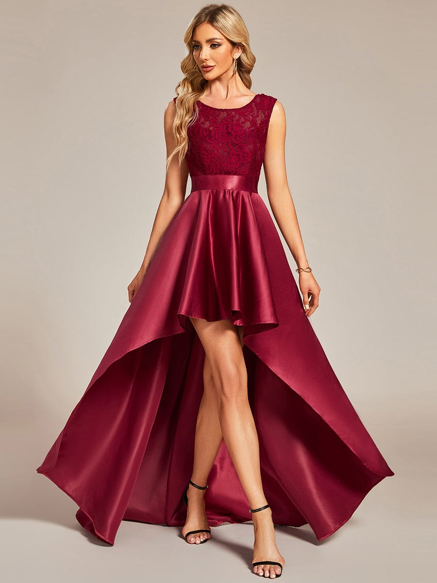 Elegant Sleeveless High-low Lace Top Wedding Guest Dress Prom Party Dresses Gowns