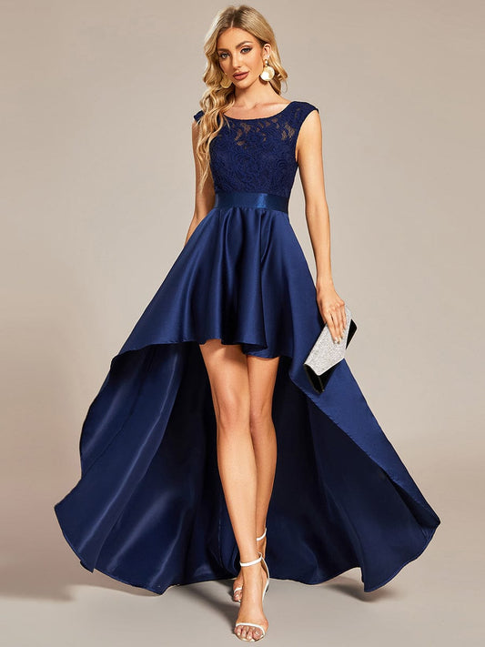 Elegant Sleeveless High-low Lace Top Wedding Guest Dress Prom Party Dresses Gowns