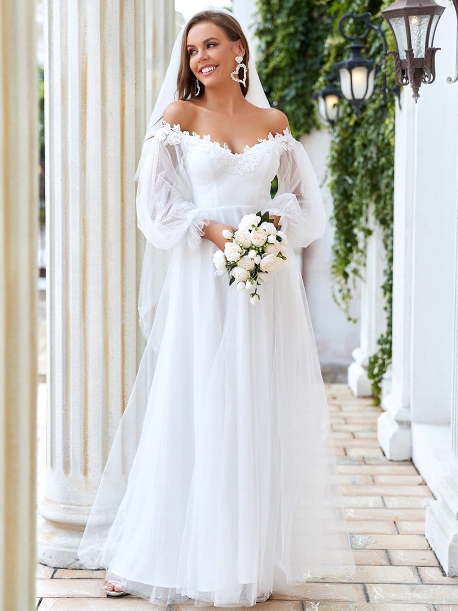 Benutzerdefinierte Größe bestickt Laterne Ärmel von der Schulter Maxi Brautkleid Brautkleider