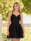 A-Line Lace Spaghetti-Straps Black Short Homecoming Dress