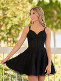 A-Line Lace Spaghetti-Straps Black Short Homecoming Dress