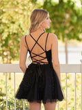 A-Line Lace Spaghetti-Straps Black Short Homecoming Dress