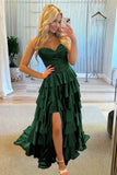 Navy Blue Sweetheart A Line Satin Appliqued Prom Dresses With Ruffles