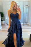 Navy Blue Sweetheart A Line Satin Appliqued Prom Dresses With Ruffles