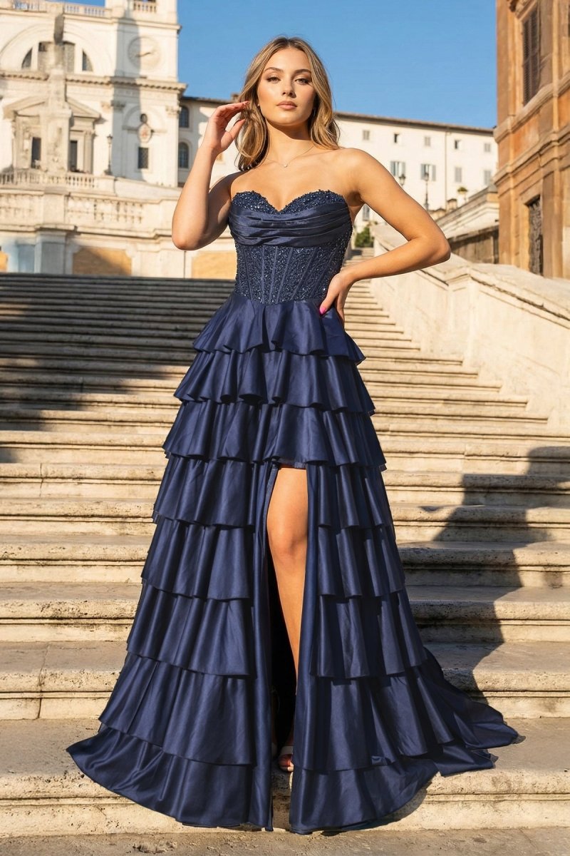Navy Blue Sweetheart A Line Satin Appliqued Prom Dresses With Ruffles