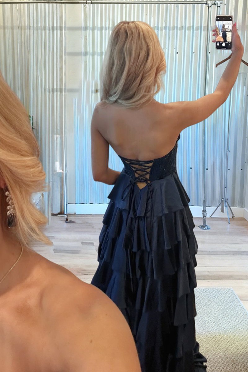 Navy Blue Sweetheart A Line Satin Appliqued Prom Dresses With Ruffles