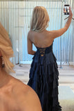 Navy Blue Sweetheart A Line Satin Appliqued Prom Dresses With Ruffles