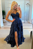 Navy Blue Sweetheart A Line Satin Appliqued Prom Dresses With Ruffles