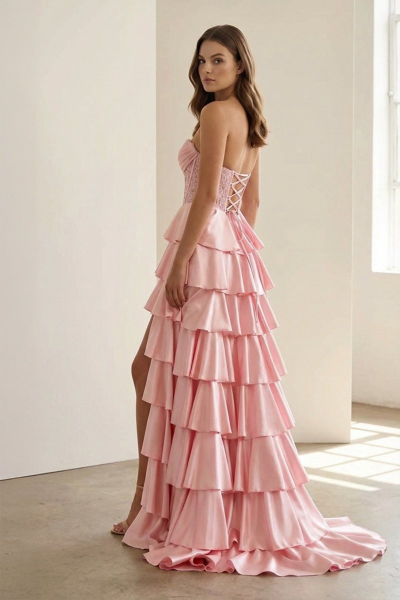 Navy Blue Sweetheart A Line Satin Appliqued Prom Dresses With Ruffles