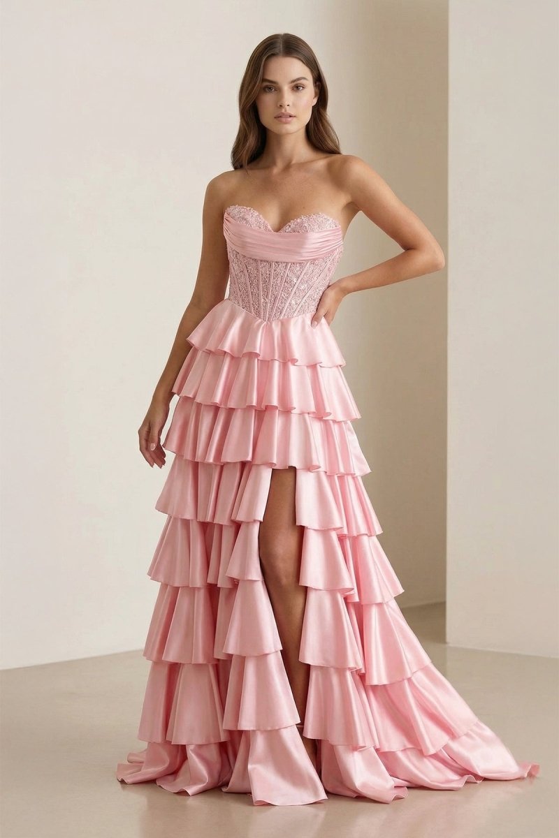 Navy Blue Sweetheart A Line Satin Appliqued Prom Dresses With Ruffles