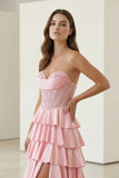 Navy Blue Sweetheart A Line Satin Appliqued Prom Dresses With Ruffles