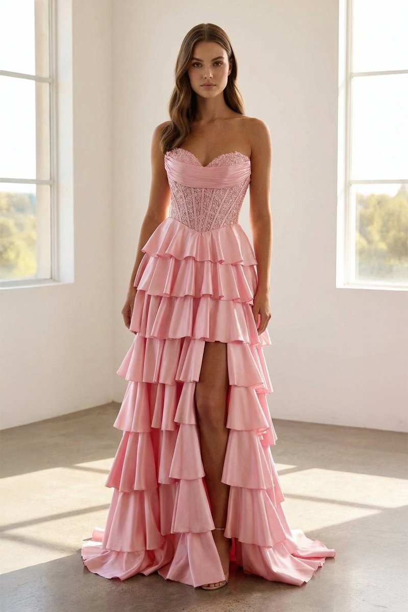 Navy Blue Sweetheart A Line Satin Appliqued Prom Dresses With Ruffles