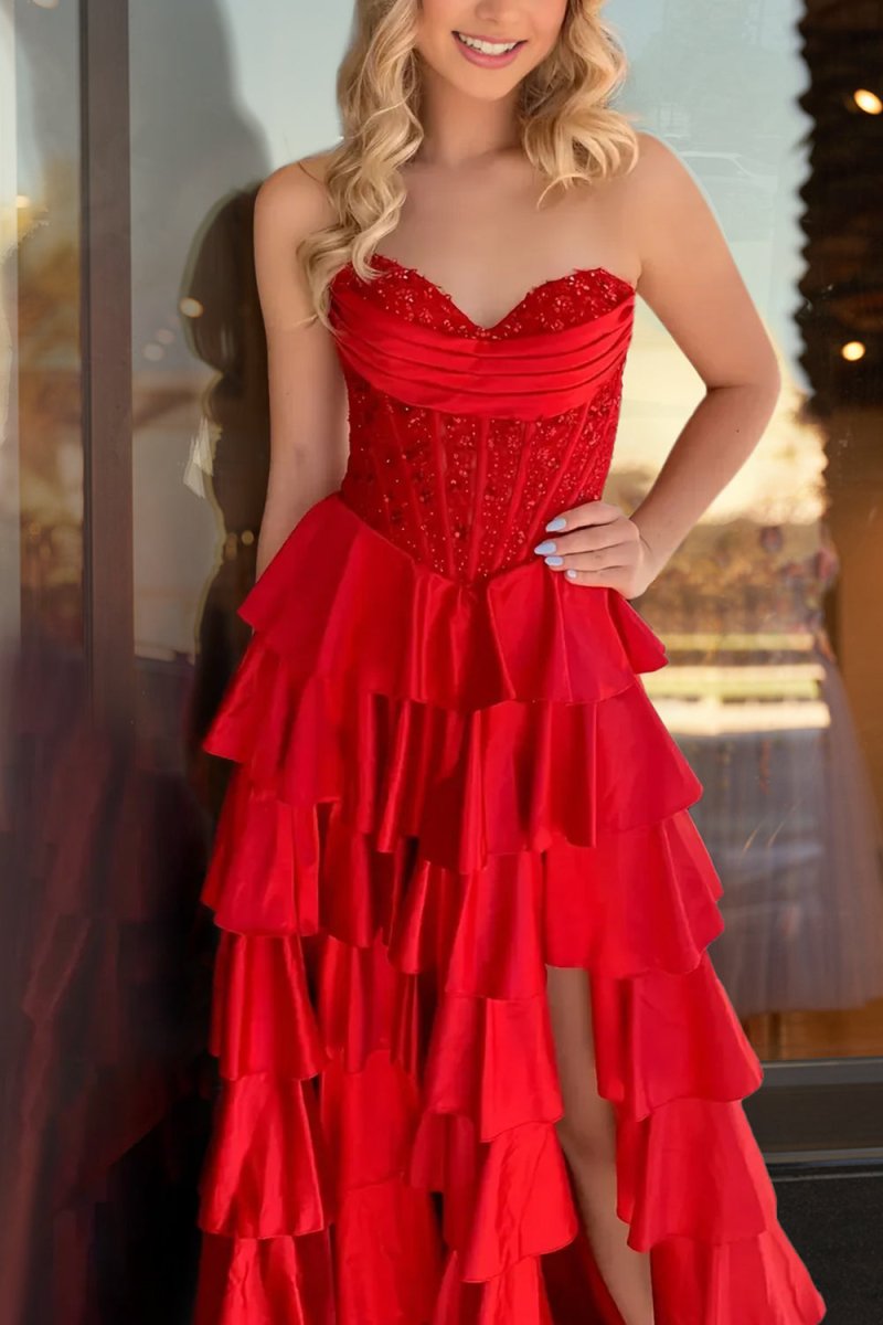 Navy Blue Sweetheart A Line Satin Appliqued Prom Dresses With Ruffles