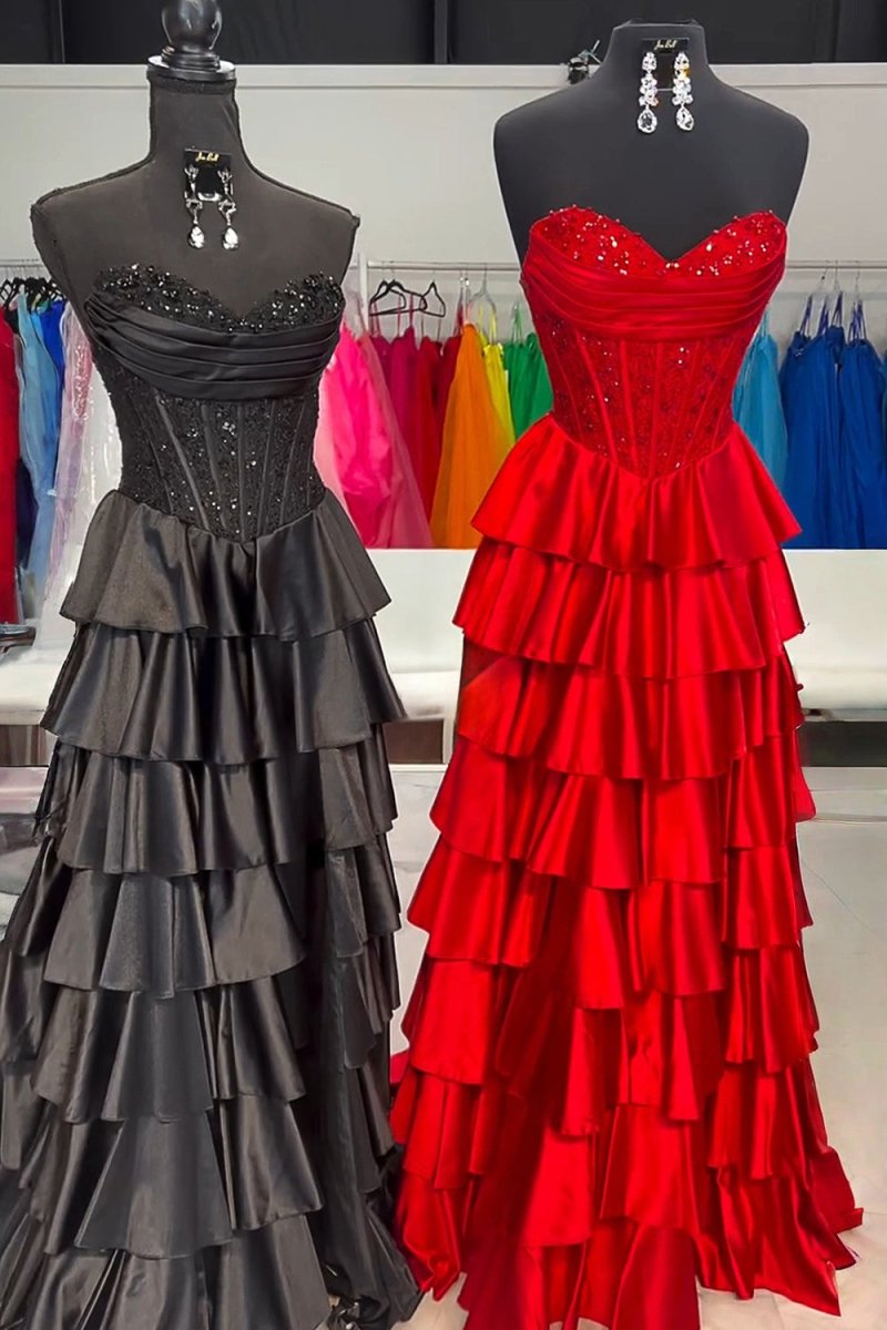 Navy Blue Sweetheart A Line Satin Appliqued Prom Dresses With Ruffles