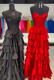 Navy Blue Sweetheart A Line Satin Appliqued Prom Dresses With Ruffles