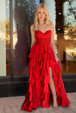 Navy Blue Sweetheart A Line Satin Appliqued Prom Dresses With Ruffles