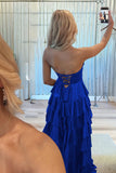 Navy Blue Sweetheart A Line Satin Appliqued Prom Dresses With Ruffles