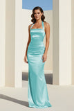 Sky Blue Halter Satin Mermaid Open Back Long Formal Prom Dresses